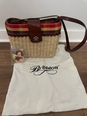 Brighton Vintage Straw Crossbody  Handbag with Plaid‎ Trim